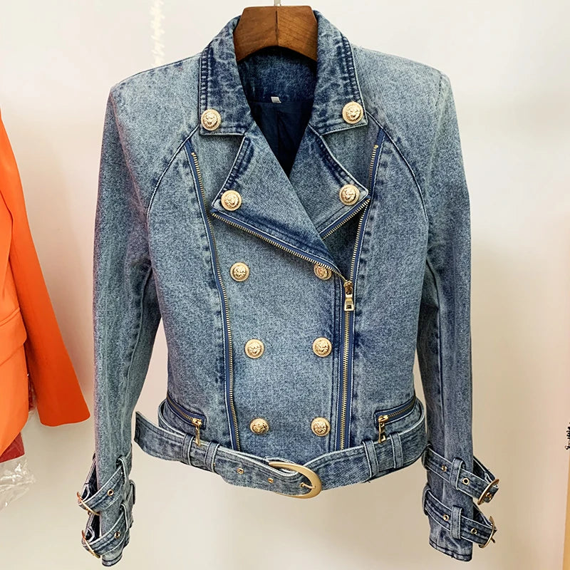 Denim Belted Biker Jacket