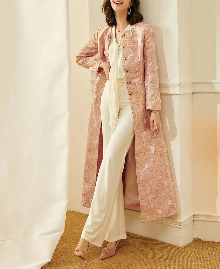 Floral Jacquard Long Coat - Pink