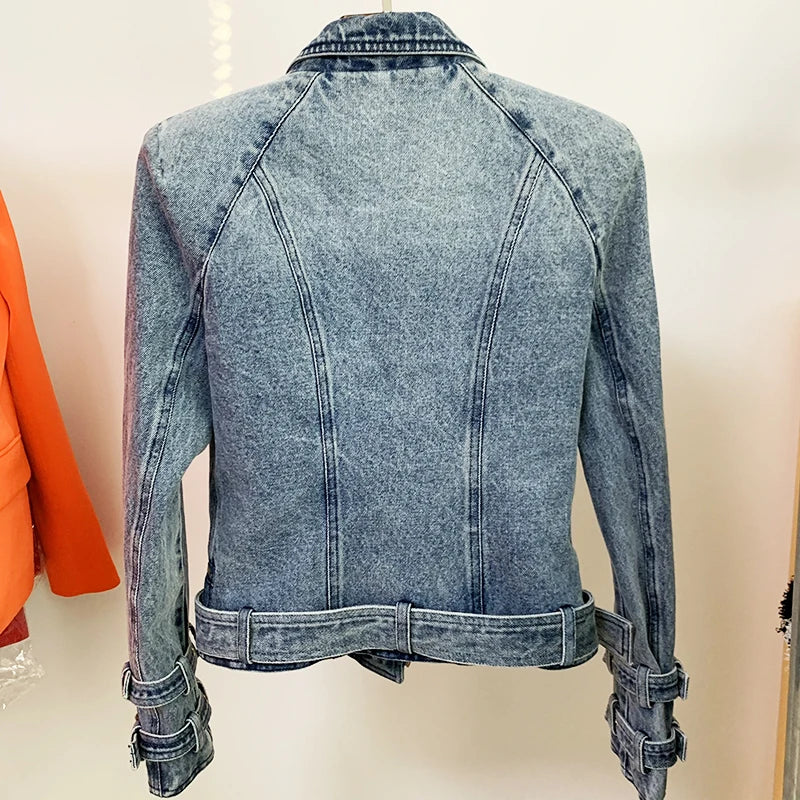 Denim Belted Biker Jacket