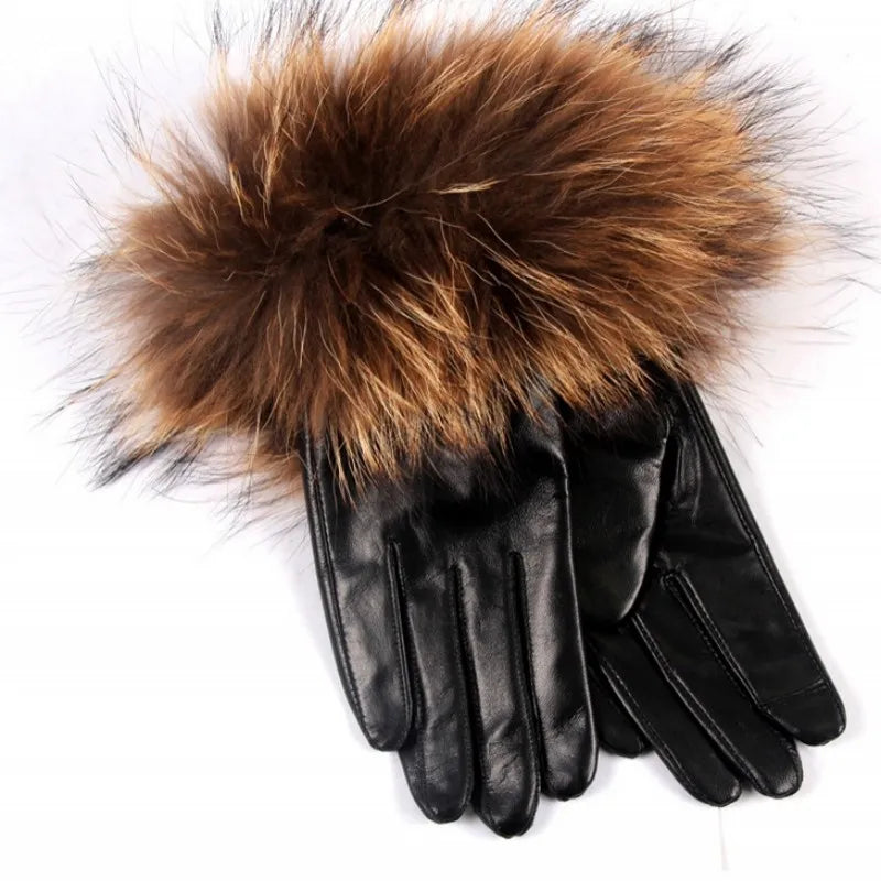 Luxury Women's Winter Sheepskin Touch Screen Gloves Real Raccoon Fur Genuine Leather Glove Female Black Red Warm Fleece Mittens