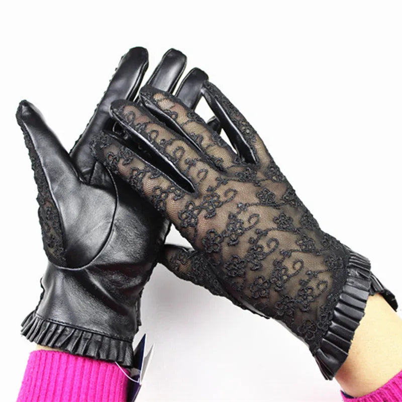 Summer Driving Women's Leather Gloves Touch Screen Sheepskin Thin Fashionable Lace Single Layer Unlined Driver's Car Gloves