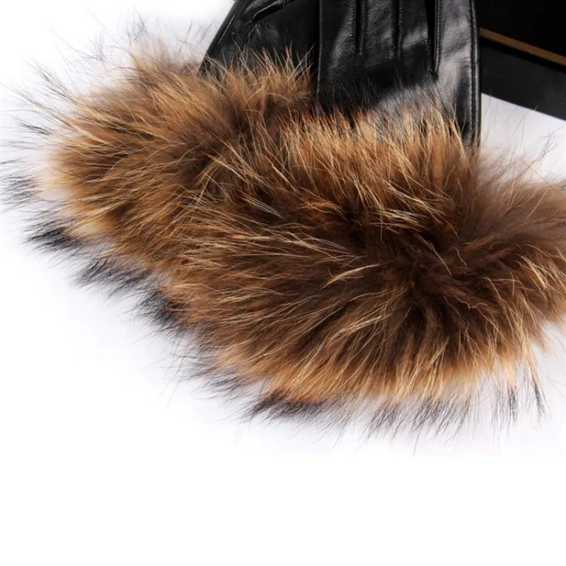 Luxury Women's Winter Sheepskin Touch Screen Gloves Real Raccoon Fur Genuine Leather Glove Female Black Red Warm Fleece Mittens