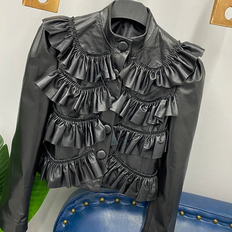 Stand Collar Pleated Ruffles Short High Waist Jacket Women Real Leather Sheepskin Cropped Coat Brand Fashion Slim Jackets S-3XL