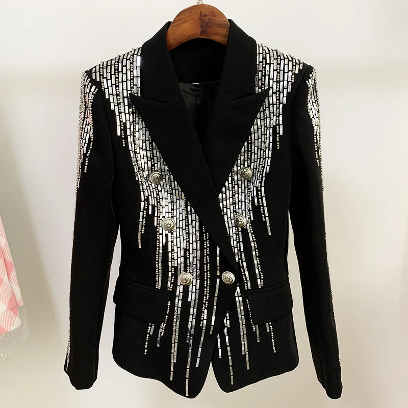 Metallic Beaded Double-Breasted Blazer