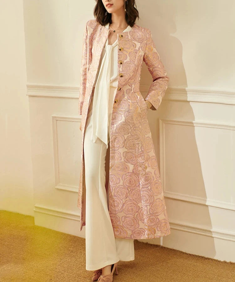 Floral Jacquard Long Coat - Pink