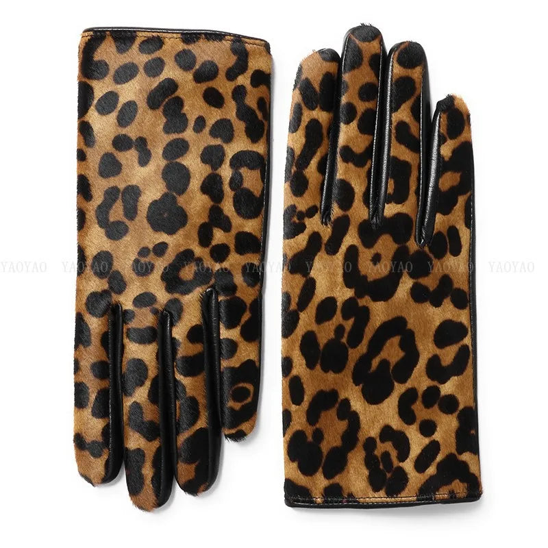 Genuine Leather Leopard Print Gloves