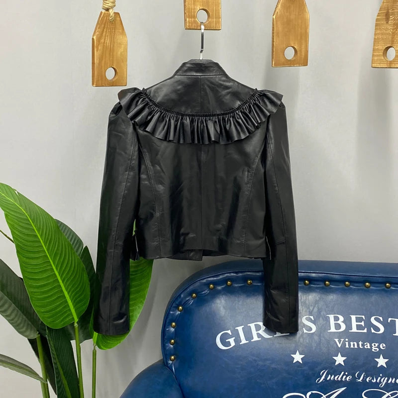 Stand Collar Pleated Ruffles Short High Waist Jacket Women Real Leather Sheepskin Cropped Coat Brand Fashion Slim Jackets S-3XL