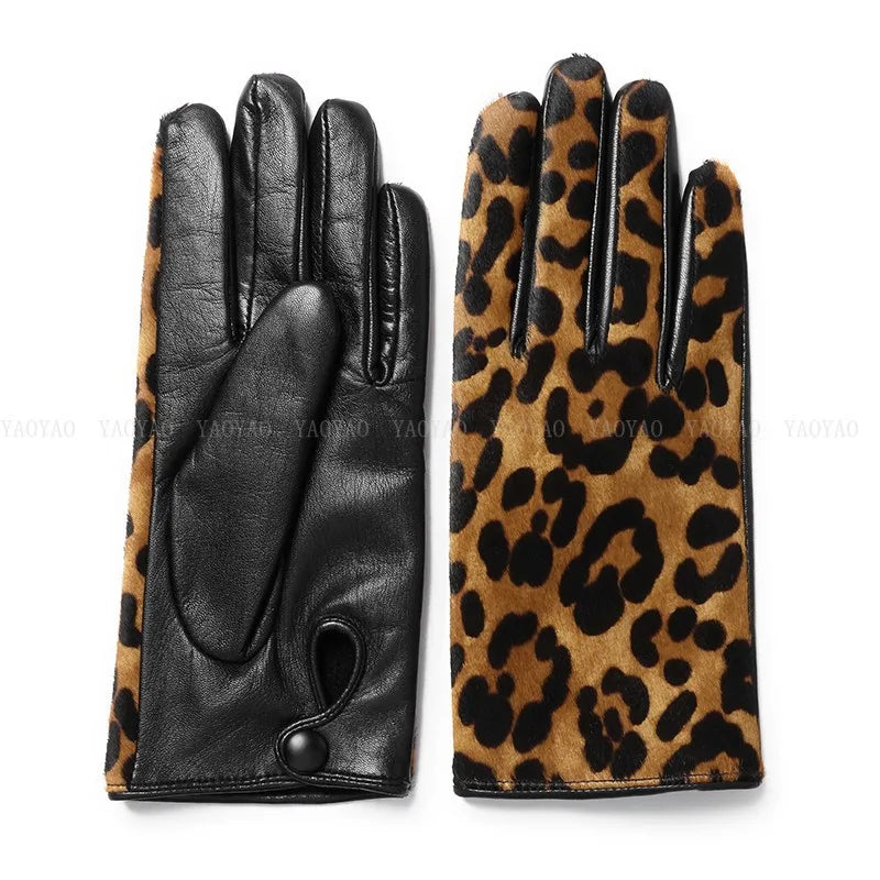 Genuine Leather Leopard Print Gloves