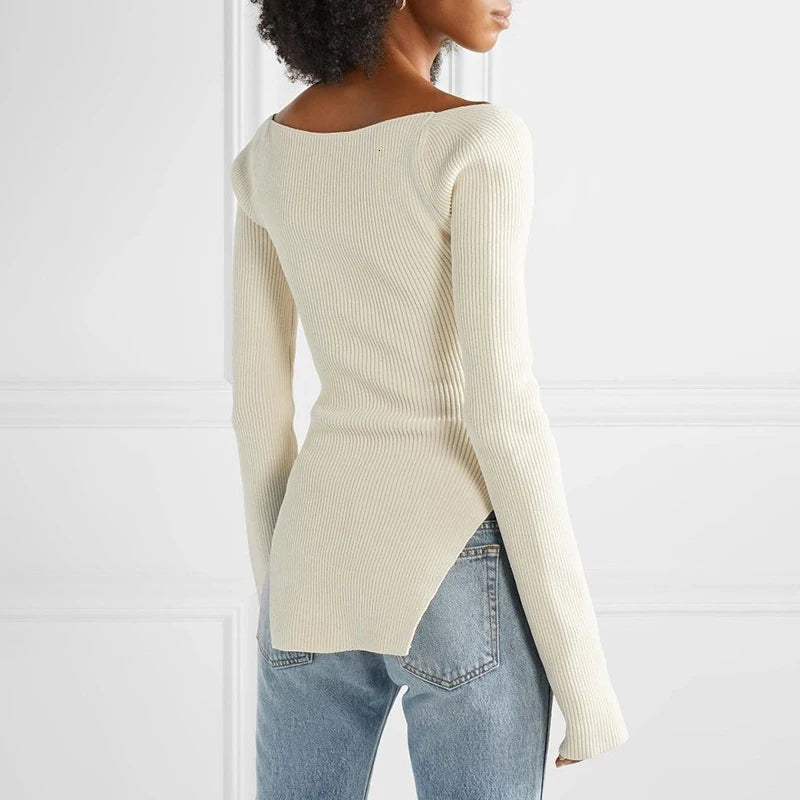 Side Split Sqaure Neck Knit Sweater