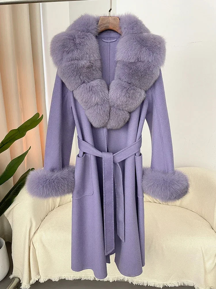 Genuine Fur Lined Collar Long Coat