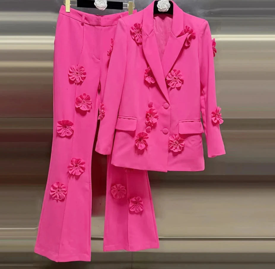 Flowered Appliqué Lapel Blazer Suit Set