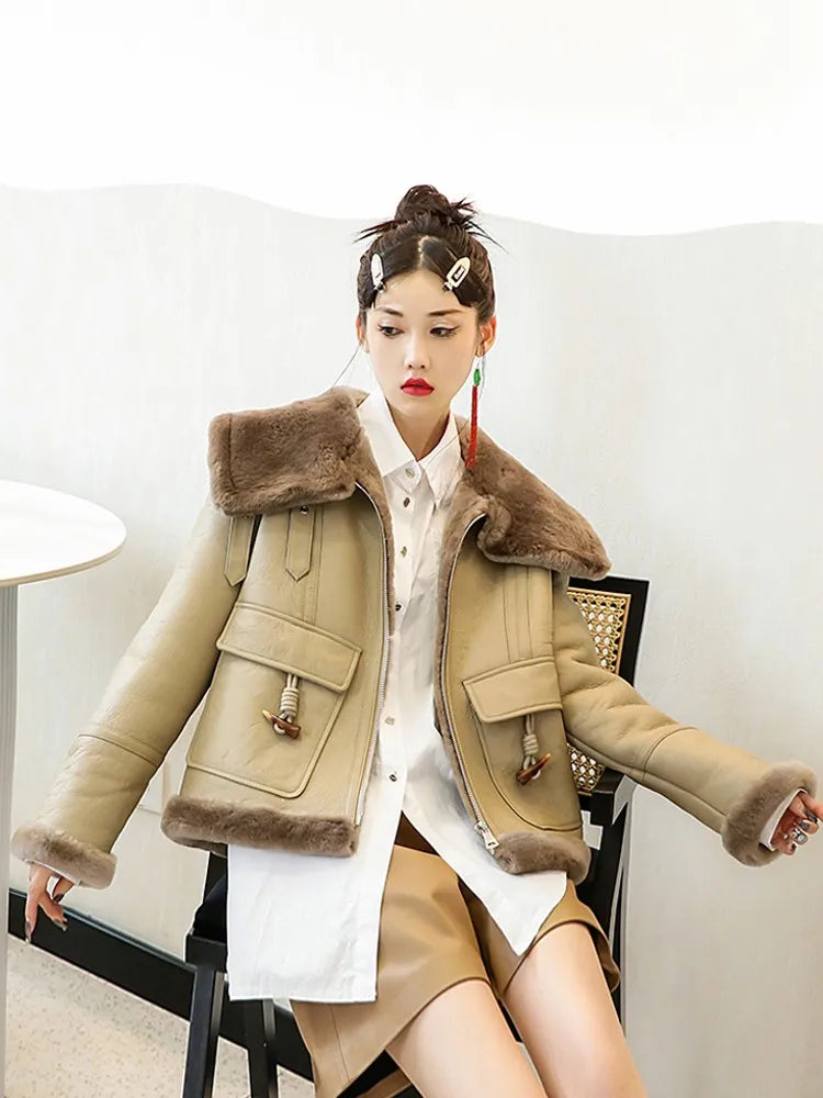 Fashion Winter Wool Lapel Collar Moto Biker Jacket Women Thick Keep Warm Fur Lining Shearling Overcoat Loose Fit Real Fur Jacket