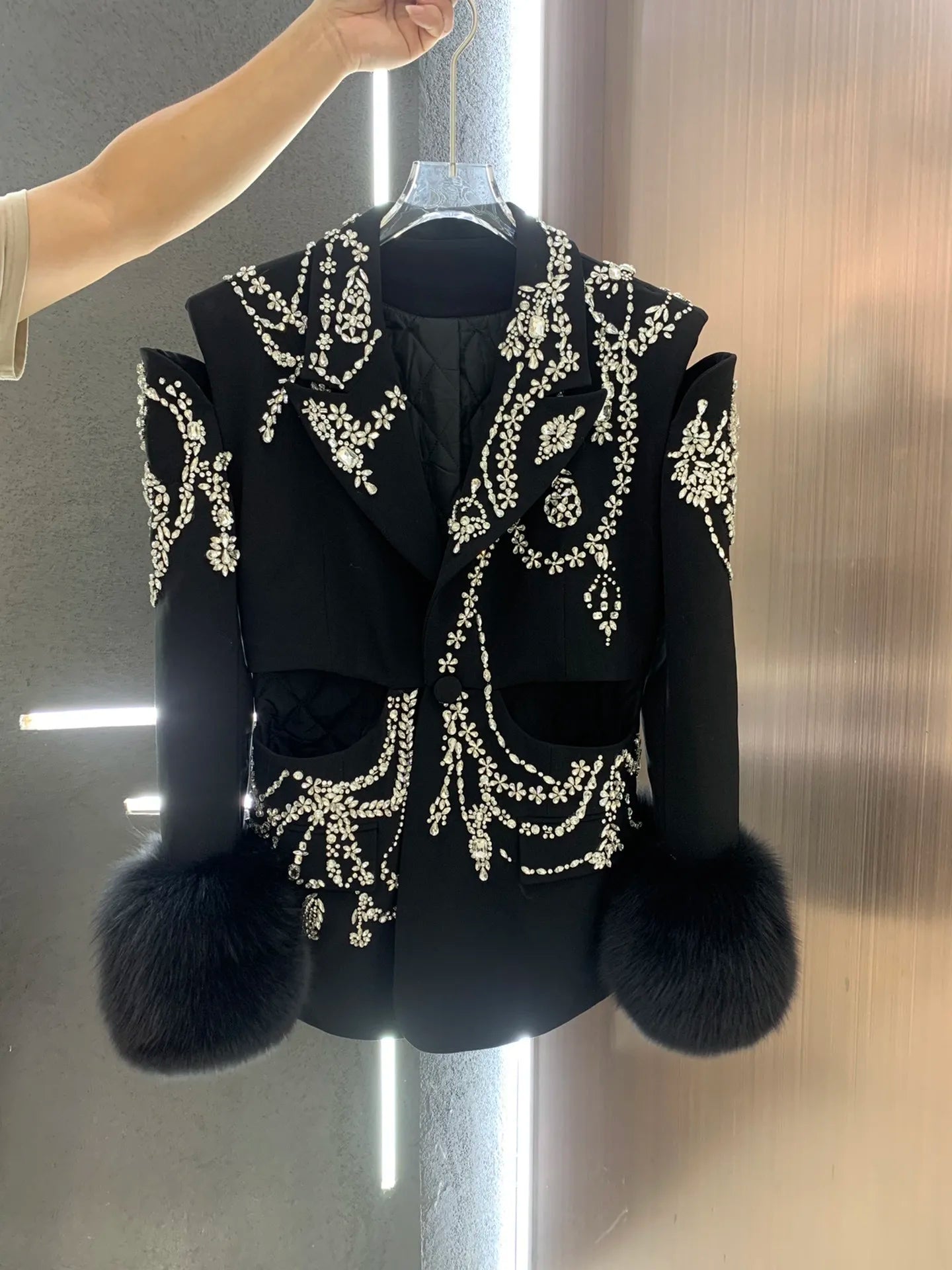 Crystal Embellished Fur Cuff Blazer