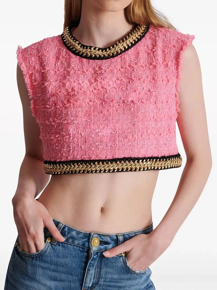 Sleeveless Tweed Vest Cropped Top