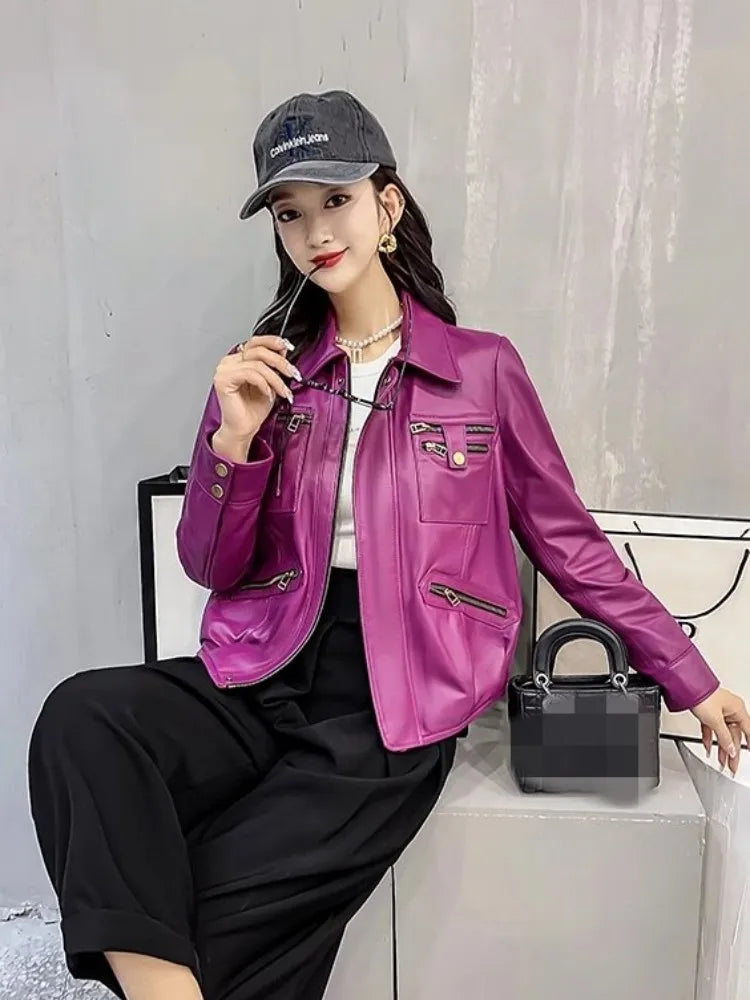 New Fashion Women Genuine Leather Jacket Punk Motorcycle Biker Short Coat Lapel Street Outerwear Female Real Sheepskin Jackets