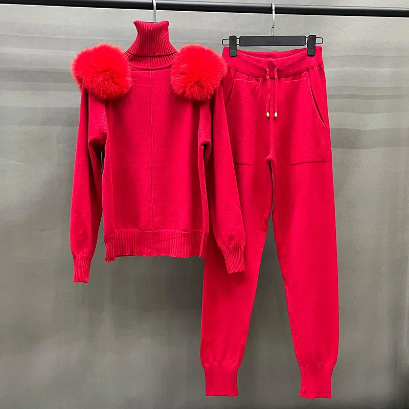 Fur Poms Turtleneck Jogger Set