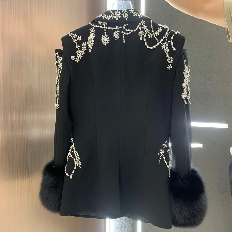 Crystal Embellished Fur Cuff Blazer