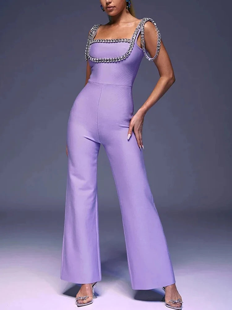 Purple Rhinestone Trim Jumpsuit