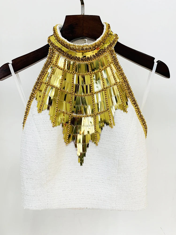 Gold Embellished Tweed Halter Top