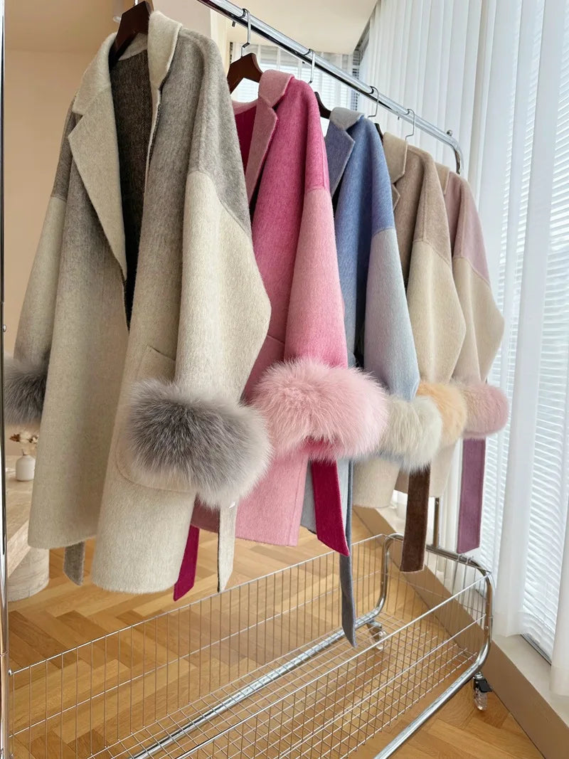 Wool Ombre Fur Cuff Long Peacoat