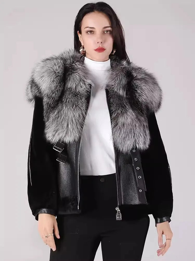 Luxury Women Patchwork Real Fox Fur Collar Coat Thick Warm Wool Lining Overcoat Belted Waist Lambswool Genuine Leather Jacket