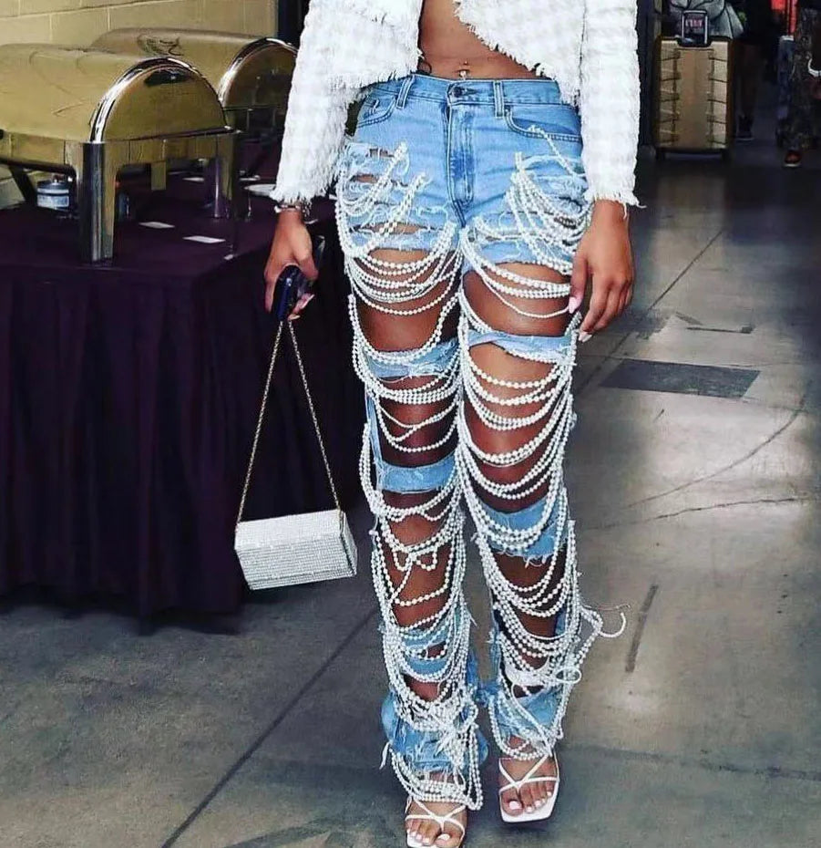 Ripped Pearl Straight Leg Jeans