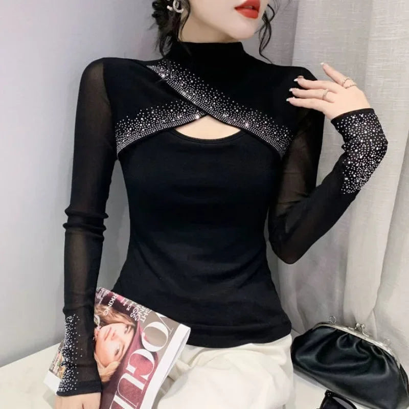 Rhinestone Sequin Mock Neck Shirt