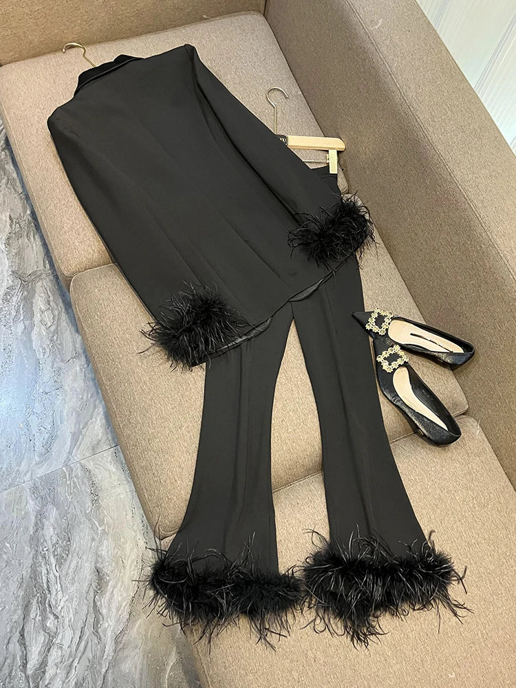 Feather Trim Blazer Suit Set