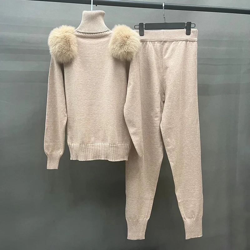 Fur Poms Turtleneck Jogger Set