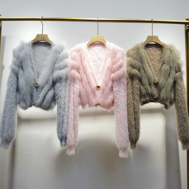 Plush Fur Stripe Knit Cardigan