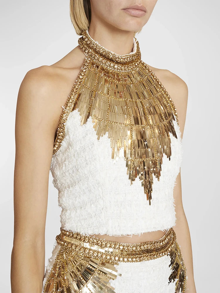 Gold Embellished Tweed Halter Top