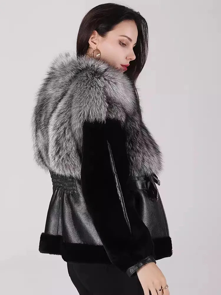 Luxury Women Patchwork Real Fox Fur Collar Coat Thick Warm Wool Lining Overcoat Belted Waist Lambswool Genuine Leather Jacket