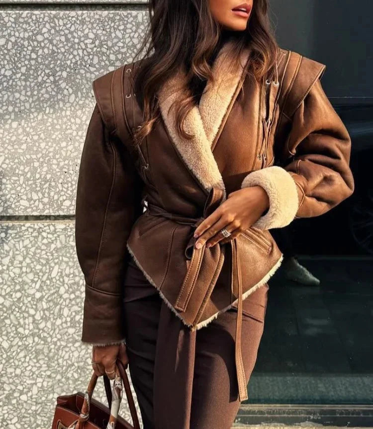 Wrap Tie Belt Shearling Jacket