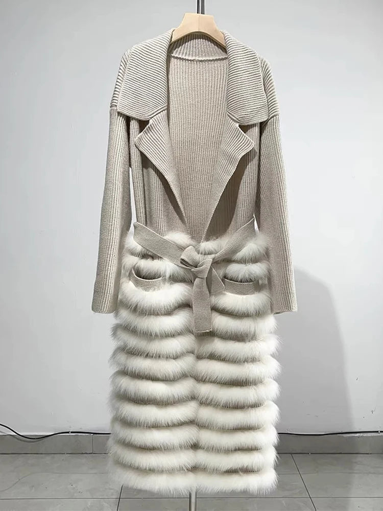 Long Fur Trim Wrap Tie Sweater Jacket