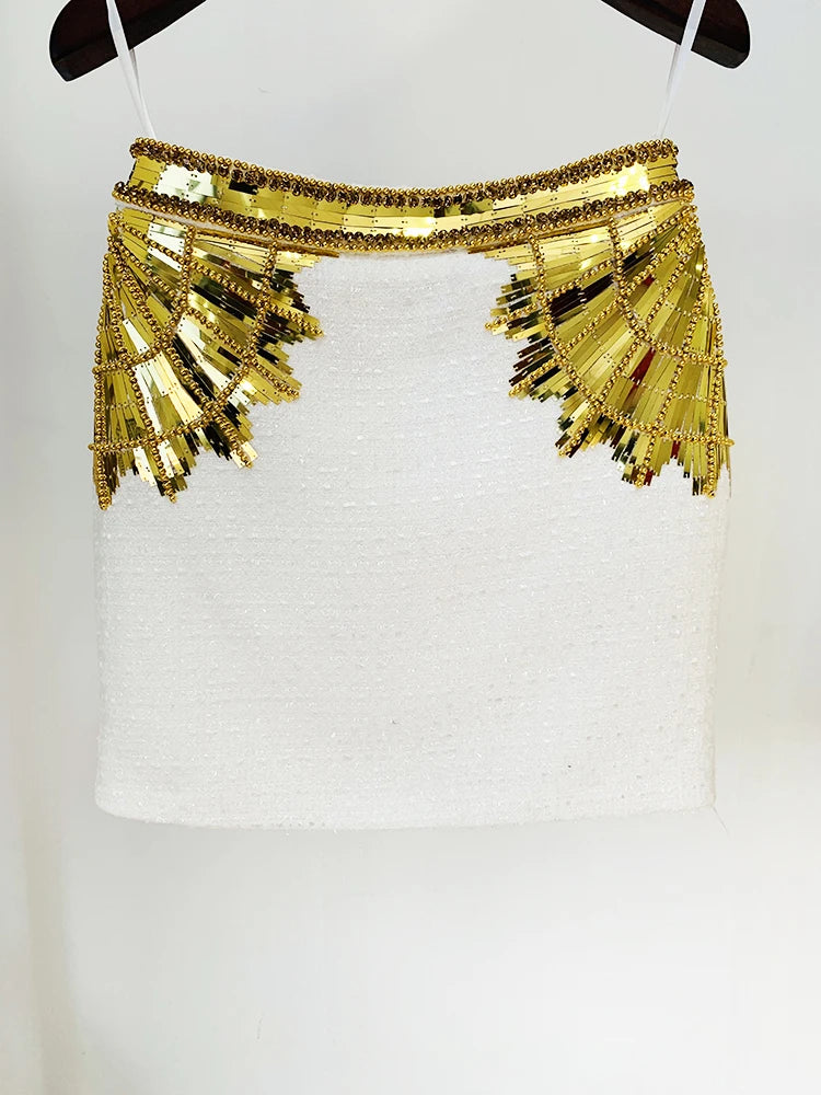 Gold Embellished Tweed Mini Skirt