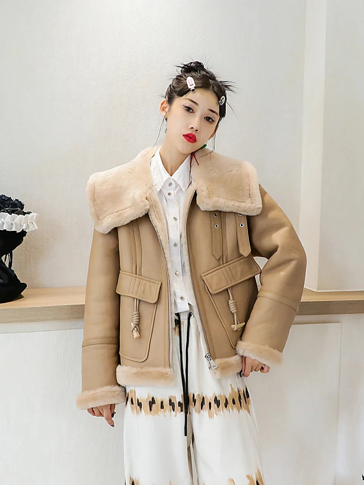 Fashion Winter Wool Lapel Collar Moto Biker Jacket Women Thick Keep Warm Fur Lining Shearling Overcoat Loose Fit Real Fur Jacket