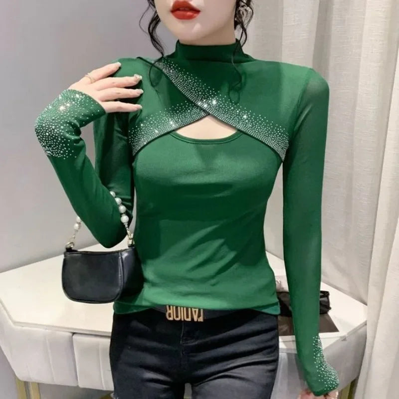 Rhinestone Sequin Mock Neck Shirt