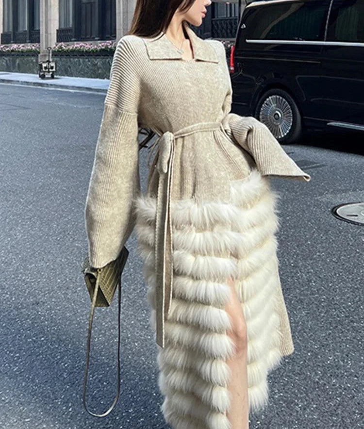 Long Fur Trim Wrap Tie Sweater Jacket