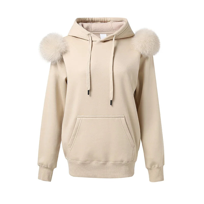 Pullover Hoodie with Fur Poms