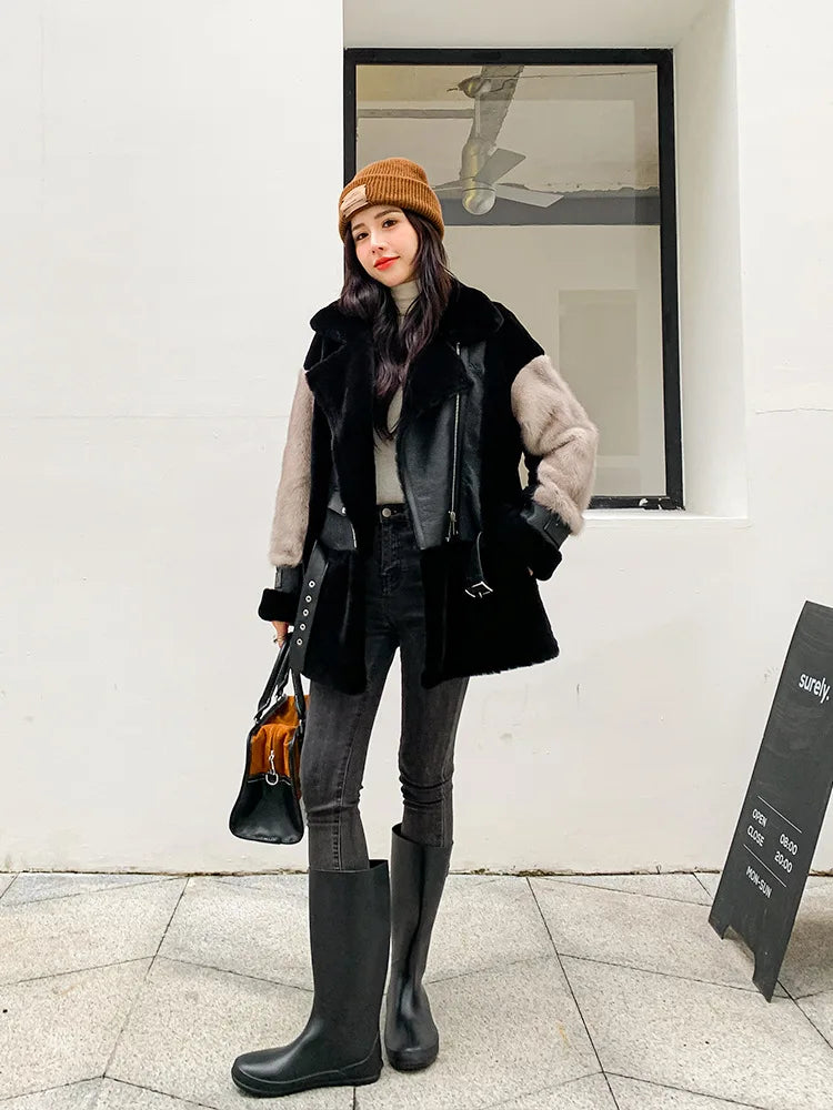 Fashion Women Winter Mink Fur Patchwork Wool Overcoat Loose Fit Warm Real Fur Coat High Street Motorcycle Style Lambswool Jacket