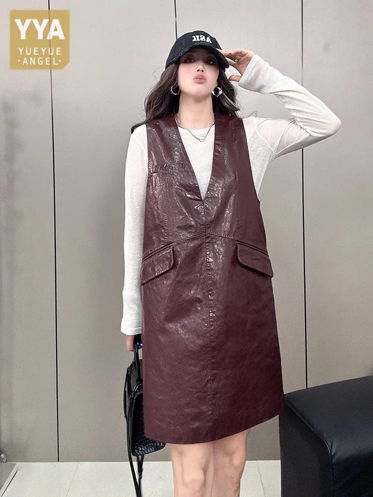 V-Neck Women Genuine Leather Tank Dress Loose Sleeveless A-Line Dresses Streetwear Casual Medium Long Pullover Sheepskin Dress