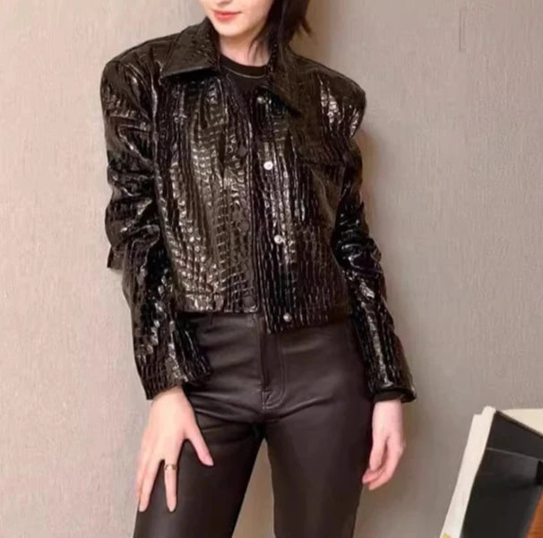 Genuine Leather Crocodile Print Jacket