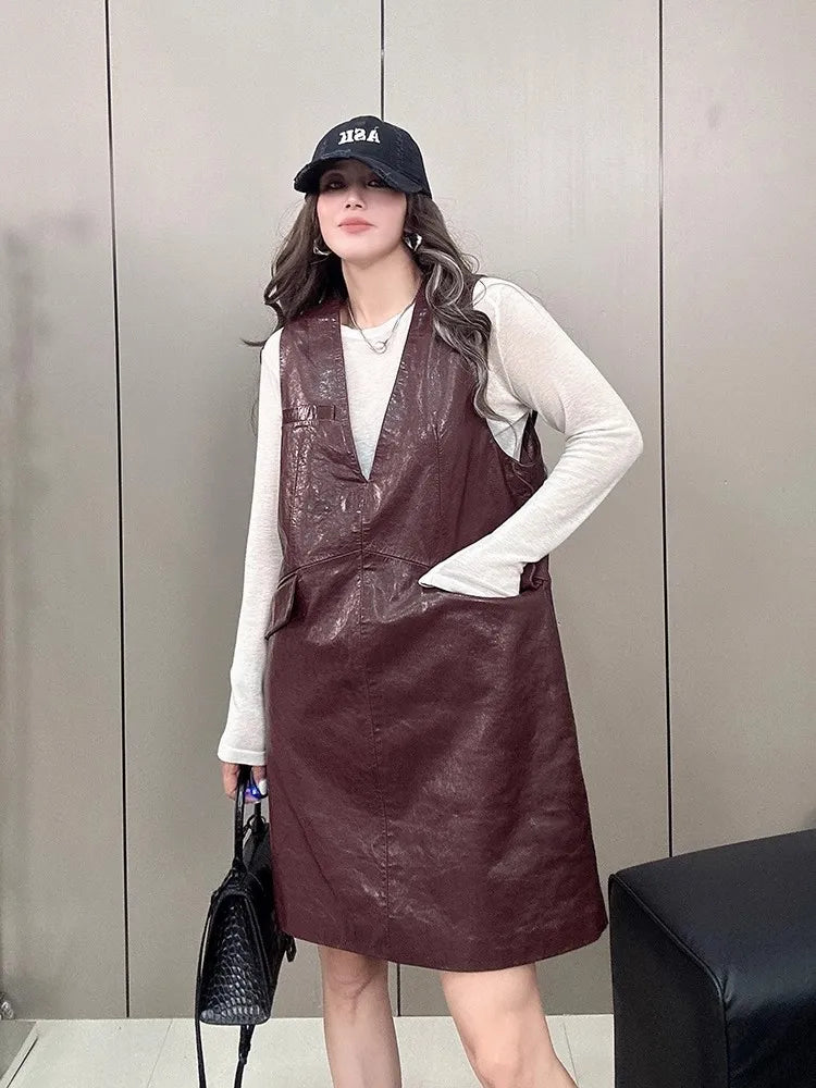 V-Neck Women Genuine Leather Tank Dress Loose Sleeveless A-Line Dresses Streetwear Casual Medium Long Pullover Sheepskin Dress