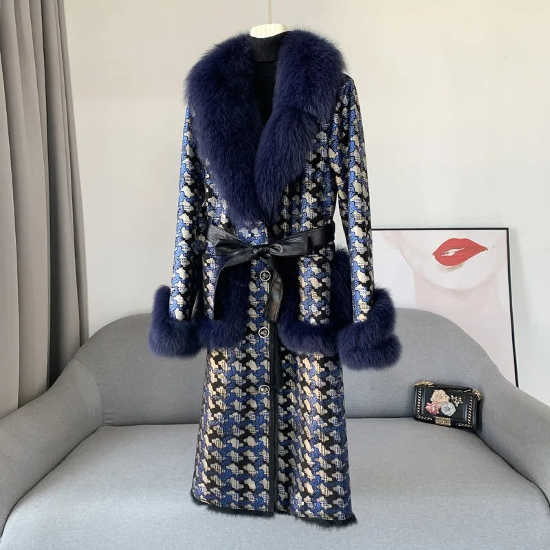 Houndstooth Print Fur Jacket