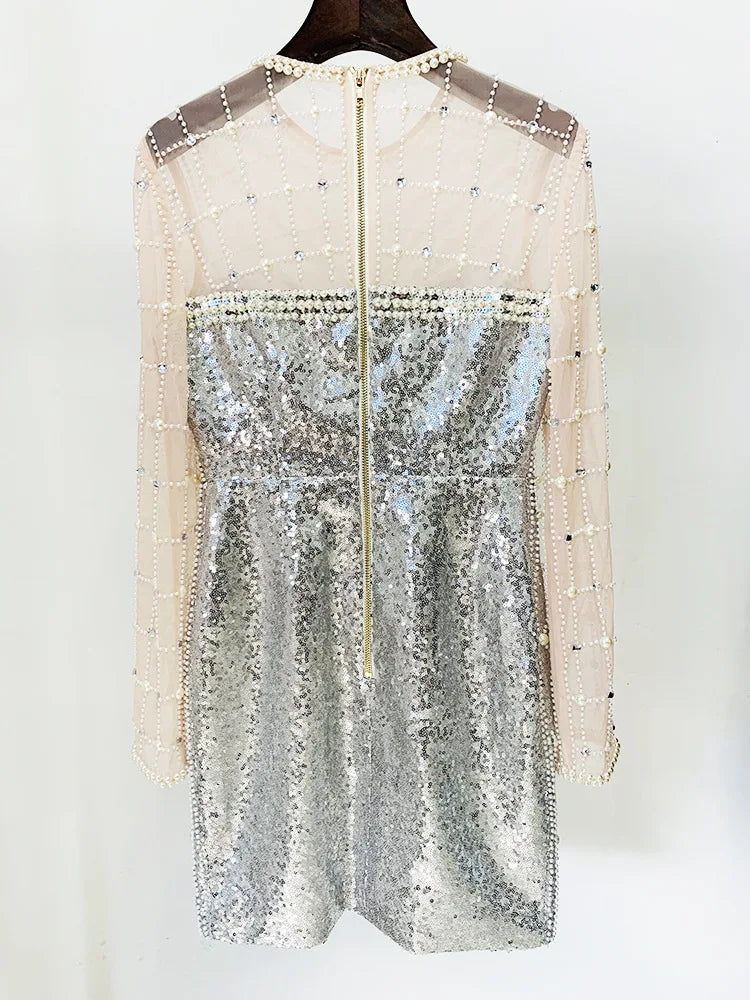 Pearl Sequin Long Sleeve Mesh Dress