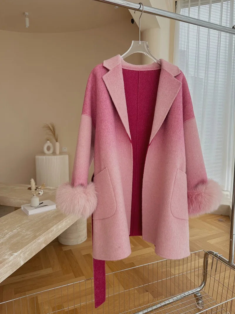 Wool Ombre Fur Cuff Long Peacoat