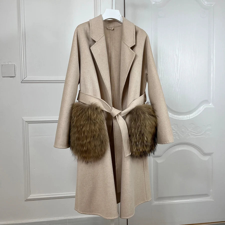 Fur Pocket Wool Belted Coat